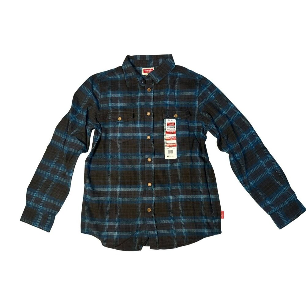 NWT Wrangler Youth Flannel Checkered Plaid Shirt Blue & Black Boys XXL 18 Cowboy
